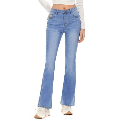 Trendy Light Blue Wash Slimming Fit Stretch High Waist Bell Bottom Women Jeans China Ripped