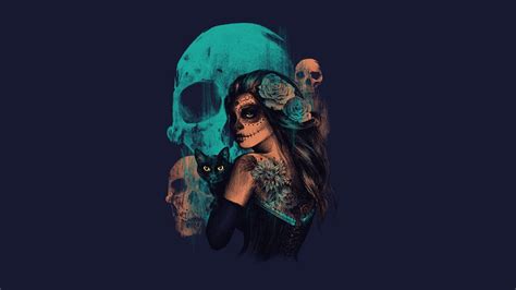 Teal Skull And Woman Wallpaper Women Sugar Skull Artwork • Wallpaper