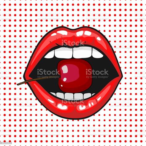 Young Pretty Woman Lips Portrait Biting Cherry Pop Art Stock Vector Art
