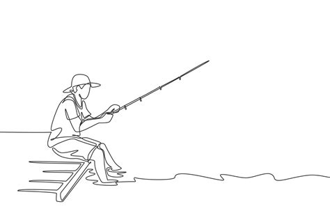 One Single Line Drawing Young Happy Fisher Man Siting On Wooden Pier