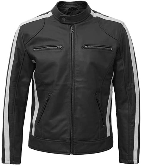 Mens Fashion Black With White Stripes Original Lambskin Leather Jacket