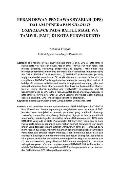 PDF PERAN DEWAN PENGAWAS SYARIAH DPS DALAM PENERAPAN SHARIAH COMPLIANCE PADA BAITUL MAAL WA