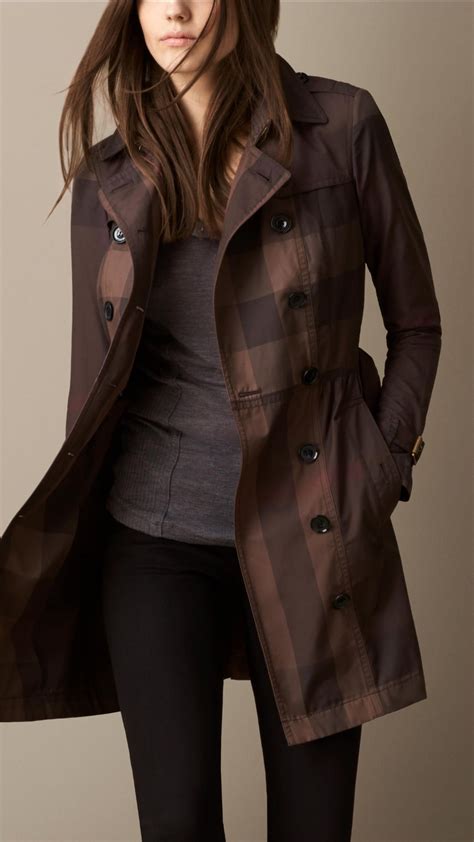 Mid Length Cotton Satin Check Trench Coat Burberry Length Cotton Trench Coats Women Coat