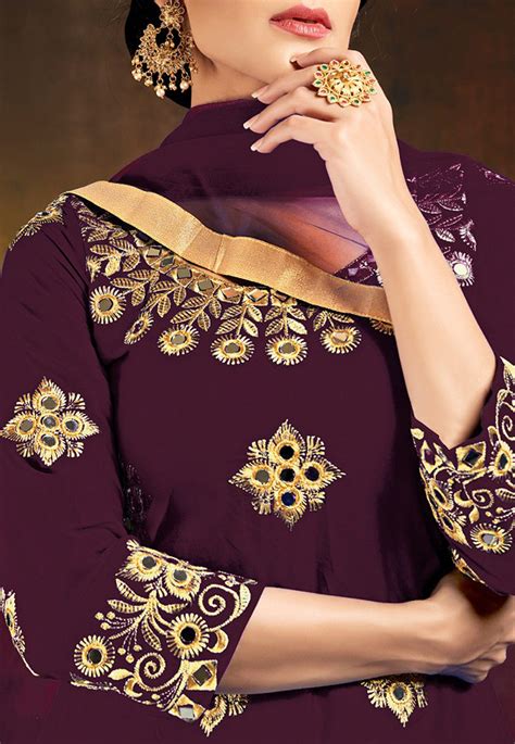 Embroidered Art Silk Punjabi Suit In Wine Kch6977