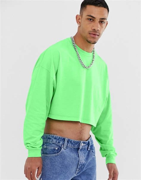 Asos Design Oversized Cropped Long Sleeve T Shirt In Washed Neon Green Modesens Long Sleeve