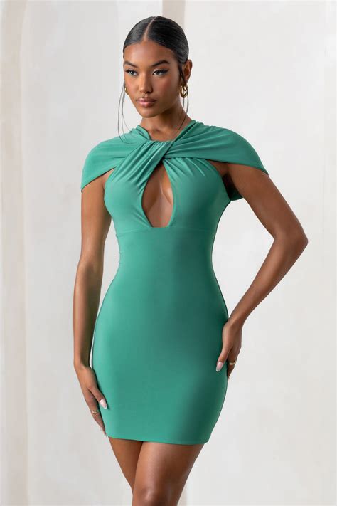 Fashionista Emerald Green Twist Front Mini Dress With Cut Out Detail