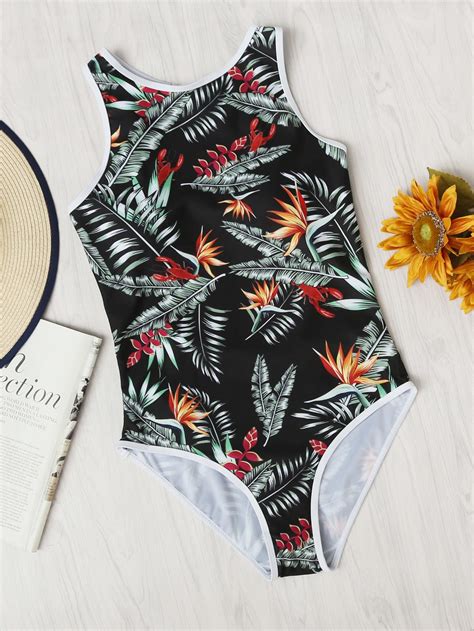 Tropical Print Open Back Swimsuit Sheinsheinside