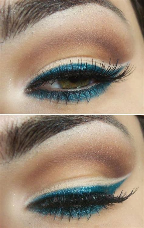 Dark Shimmery Blue Eye Liner With Brown Eye Shadow Teal Eyeliner