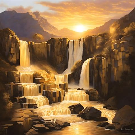 Premium Ai Image Sunset Paints The Waterfall In Shades Of Gold