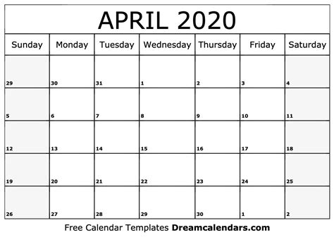 Blank Calendar Worksheet For April 2020 Calendar Template Printable