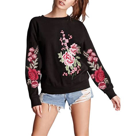 Women Sweatshirts Women Clothes Floral Embroidery O Neck Long Sleeve