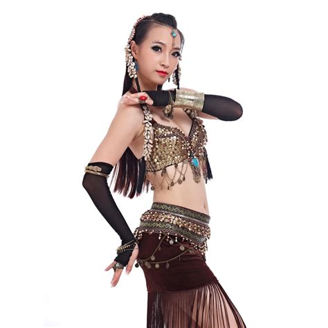 Belly Dance Costumes Tribal Metallic Bra Tophip Scarf Tassels Skirt 2pcs Set Professional