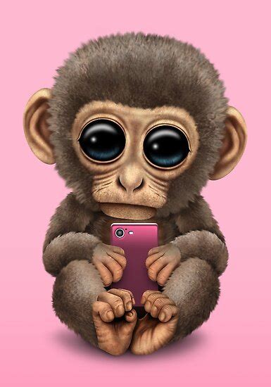 Cute Baby Monkey Holding A Pink Cell Phone Poster By Jeffbartels Redbubble
