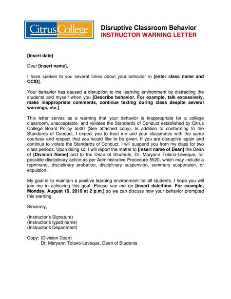 Letter formatting, content and suggested information to attach are included within brackets. Student Conduct Warning Letter sample | Templates at allbusinesstemplates.com