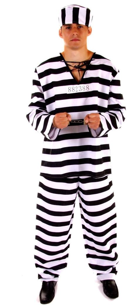 Adults Black And White Male Prisoner Convict Fancy Dress Costume Prison