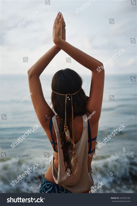 Beautiful Girl Hippie Standing Back And Looking At The Sea Yoga And