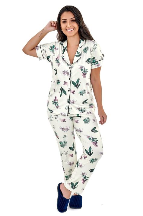 Pijama Americano Feminino Meia Estação Com Botões Floral
