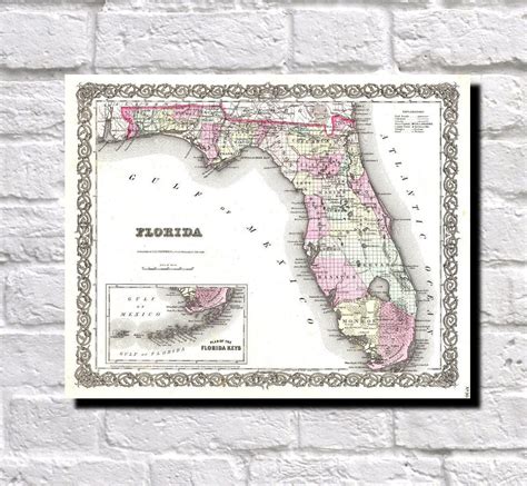 Vintage Map Of Florida 1855 Colton Map Of Florida Reprint 9515 In