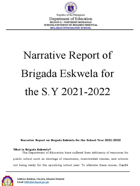 Narrative Report Of Brigada Eskwela Pdf