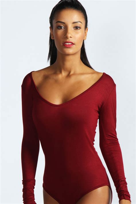 Boohoo Womens Jennie Long Sleeve V Neck Bodysuit Ebay