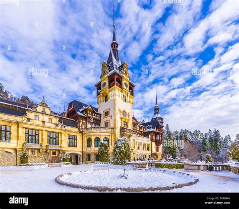 Peles Castle Sinaia In Winter Season Transylvania Romania Stock Photo