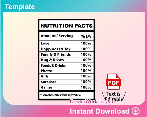 Editable Nutrition Facts Template Pdf Printable Etsy