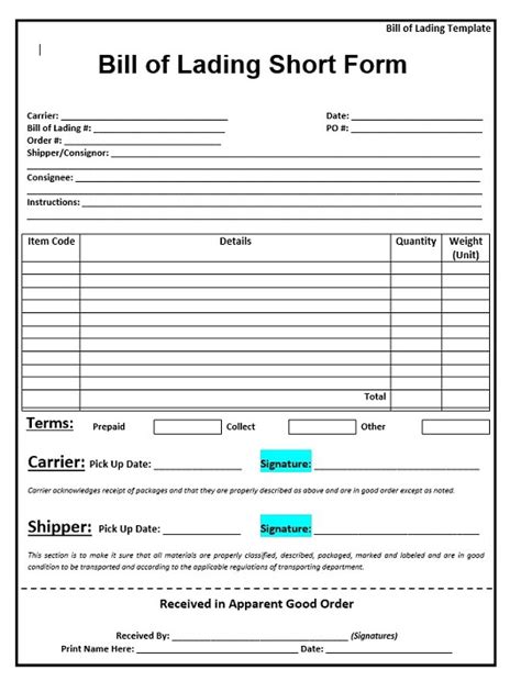 Bill Of Lading Short Form Bill Of Lading Bills Template Free Hot Sex Picture