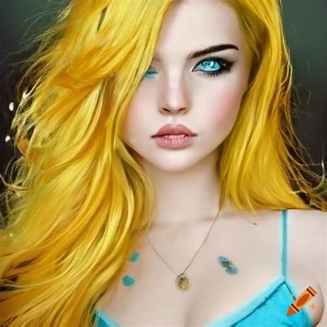 Portrait Of A Woman With Blue Eyes And Yellow Wavy Hair