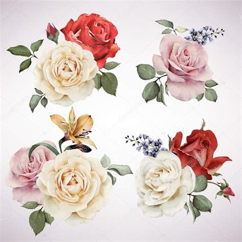 Set Of Vector Bouquets Of Roses Watercolor Can Be Used As Gree