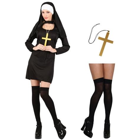 Sexy Nun Adult Costume Set Dress Headpiece Gold Cross Black Hold Ups Costume Sets From