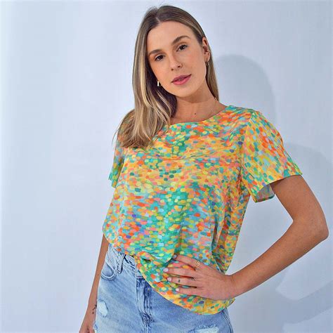 Blusa Manga Curta Viscose Lez A Lez Estampa Alla Prima Pole Modas