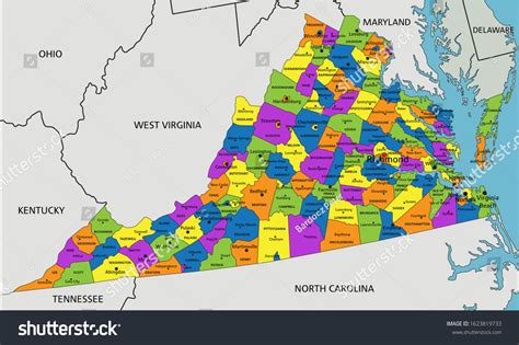 Colorful Virginia Political Map Clearly Labeled Stock Vektor