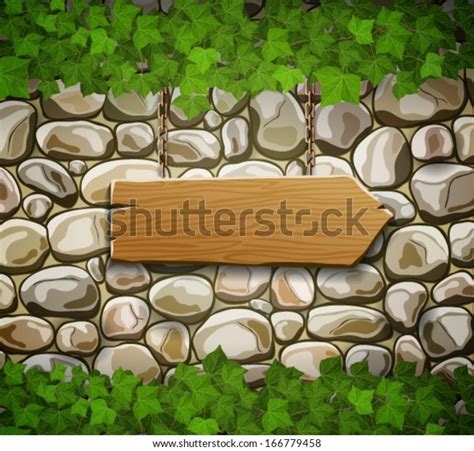 Stone Wall Wooden Arrow Leaves Stock Vector Royalty Free 166779458