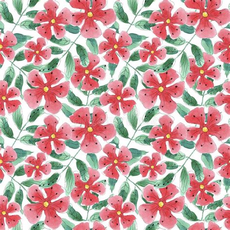 Seamless Watercolor Floral Pattern Red Flowers And Green Leaves Stock
