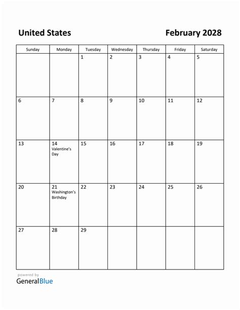 Free Printable February 2028 Calendar For United States