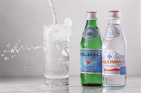 Acqua Panna mineral water. San Pellegrino Italian sparkling water in