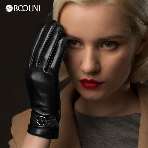 boouni genuine leather gloves elegant black women sheepskin gloves thermal winter velvet lining
