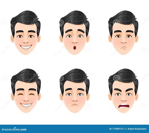 Face Expressions Of Handsome Man With Dark Hair Stock Vector