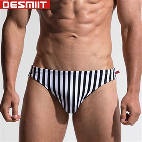 Desmiit Swimwear Mens Swim Briefs Trunks Thong Sexy Striped Swimsuit