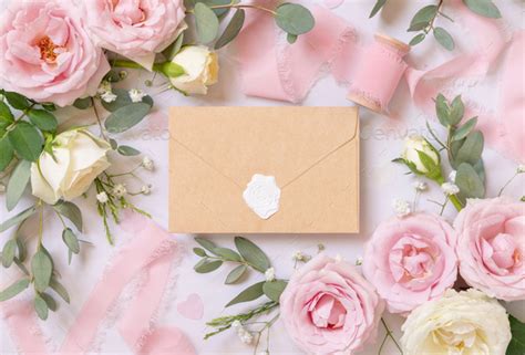 Sealed Envelope Between Pink Roses And Pink Silk Ribbons On Marble Top