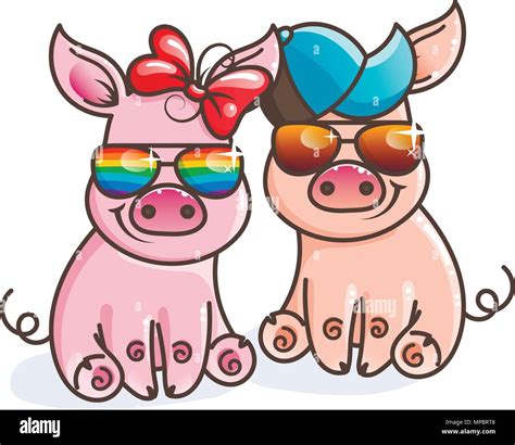 Cute Cartoon Baby Pigs In A Cool Rainbow Glasses Vector Illustration