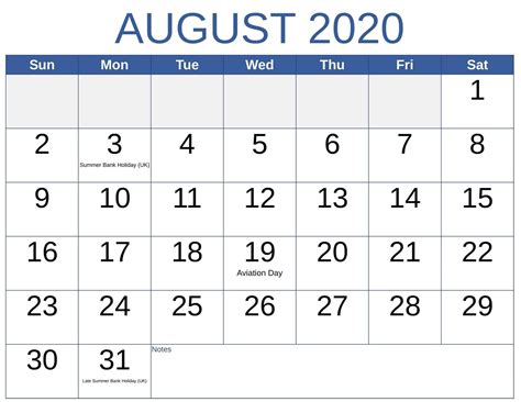 August 2020 Calendar Us Federal And Public Holidays One Platform For