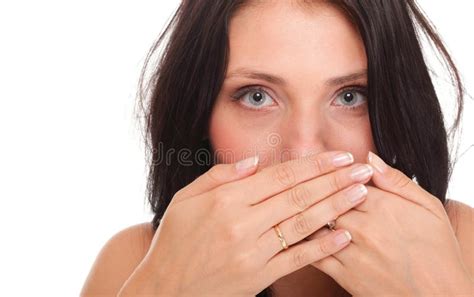 Young Woman Covering Her Mouth Both Hands Isolated Stock Image Image
