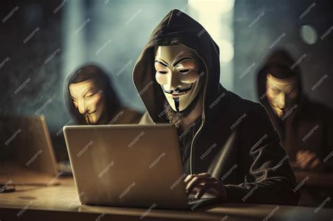 Premium Ai Image Anonymous Hackers Without Face Sitting At Laptops