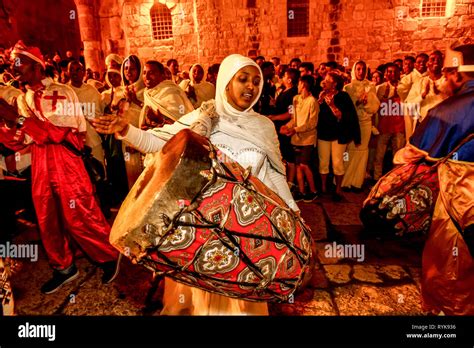 Ethiopian Orthodox Christians Celebrating Easter Vigil Outside The Holy
