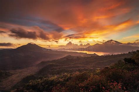 Beautiful Mountain Landscape During Sunrise Hills Batur Volcano And