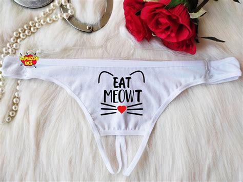 Eat Meowt Crotchless Lingerie Black Sexy Thong Panty Etsy