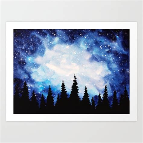 Watercolor Starry Galaxy Forest Painting Art Print By Ahmad