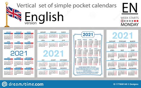 English Vertical Pocket Calendar For 2021 Stock Vector Illustration