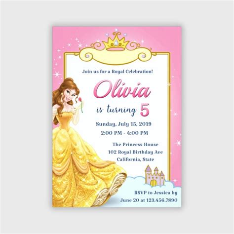 Princess Belle Girl Birthday Invitation Disney Beauty And The Etsy